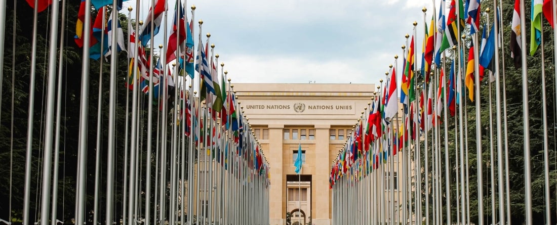 Row of flags at entrance of United Nations Offices or Palais des Nations in Ariana Park, on shore of Lake Geneva in Geneva, Switzerland. Since 1966 is main European headquarters of UN.